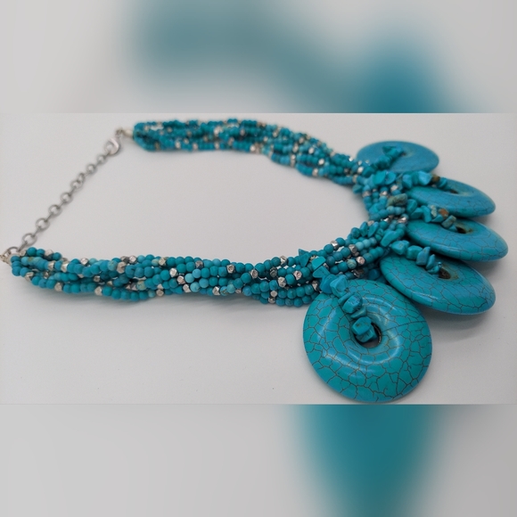 Chicos large turquoise blue silver beads chunky multi strand bib Necklace - Picture 5 of 9
